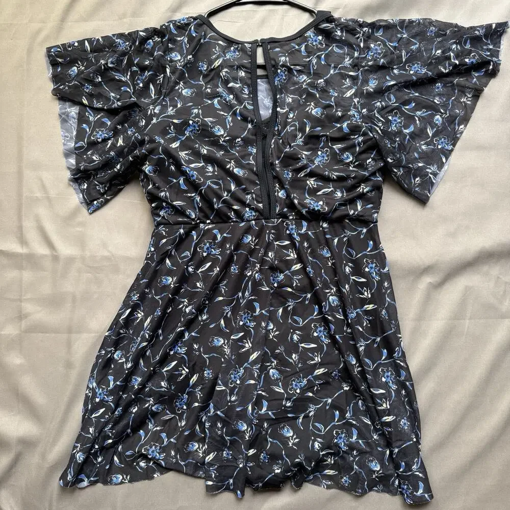 Bloomchic Swim Dress Womens 10 Black Blue Cover Up One Piece Swimsuit Floral